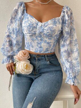 White Blue Floral Sweetheart Off Shoulder Tie Front Smocked Crop Top Size S